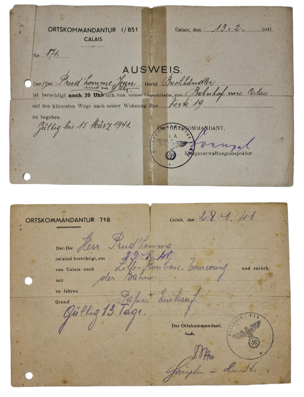 Original WW2 French Document - Ortskommandantur Calais Ausweis set (1941)