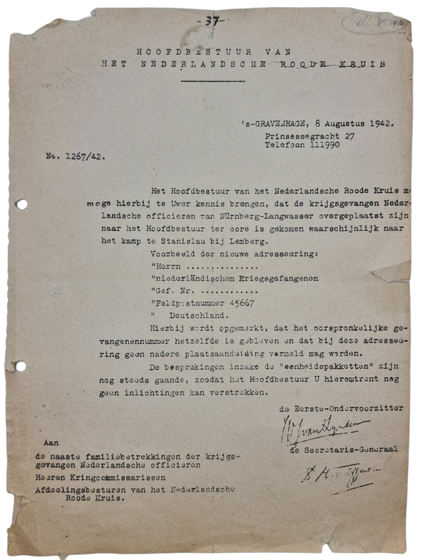 Original WW2 Dutch Document - Roode Kruis, Dutch POW Stalag Stanislau Lemberg Langwasser (1942)