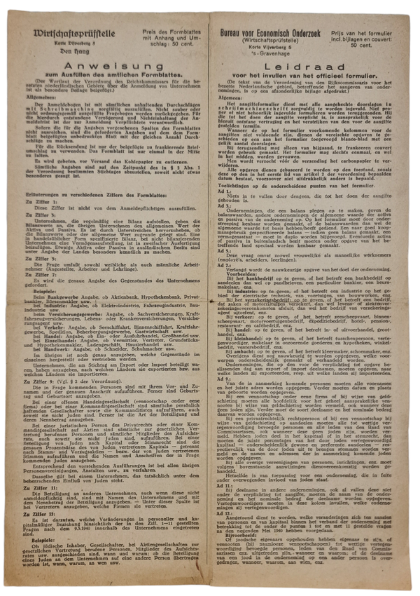 Original WW2 Dutch Document - Wirtschaftsprüfstelle Anweisung, Jewish people in Companies, The Hague (1940)