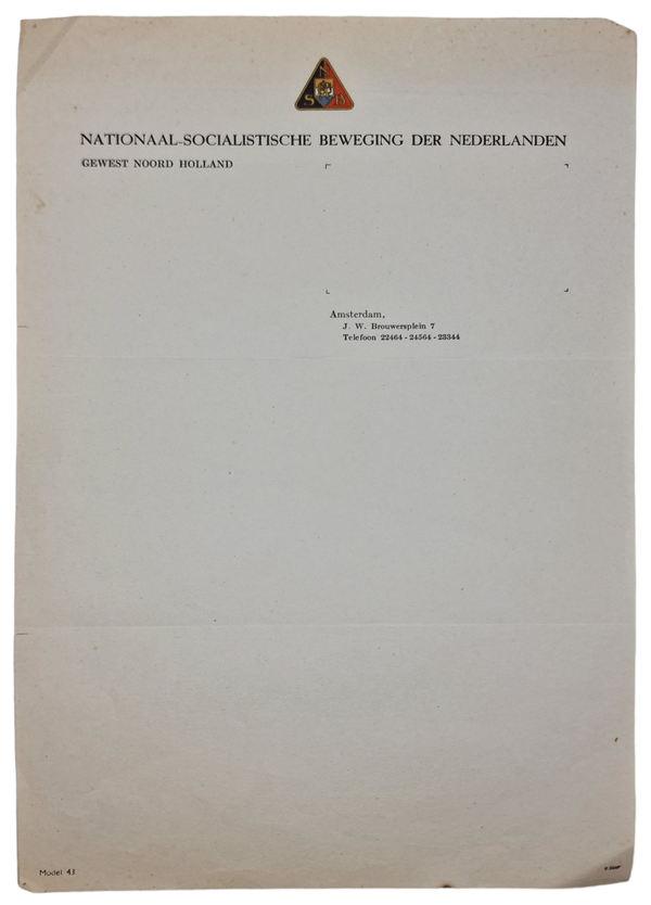Original WW2 Dutch Collaboration NSB Document - Writing paper ''Gewest Noord Holland, Amsterdam''