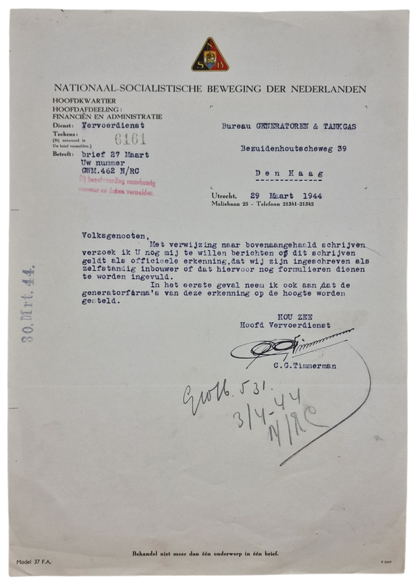 Original WW2 Dutch Collaboration NSB Document - Vervoerdienst Gas Generator, Timmerman, The Hague (1944)