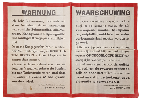 Original WW2 Dutch Poster - Warning on weapons and ammunition, Friedrich Christiansen