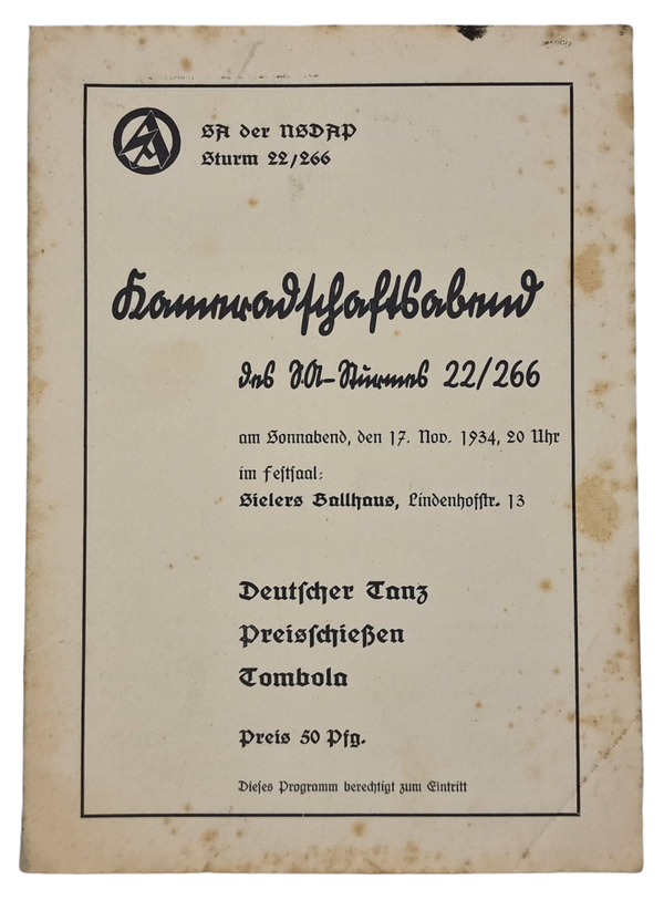 Original WW2 German Document - SA Sturm 22/266 Kameradschafts Abend, Gröpelingen (1934)