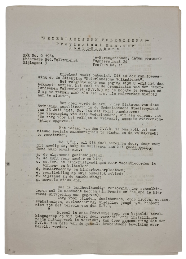 Original WW2 Dutch NVD Document - Nederlandsche Volksdienst Information, Noord Brabant, Den Bosch
