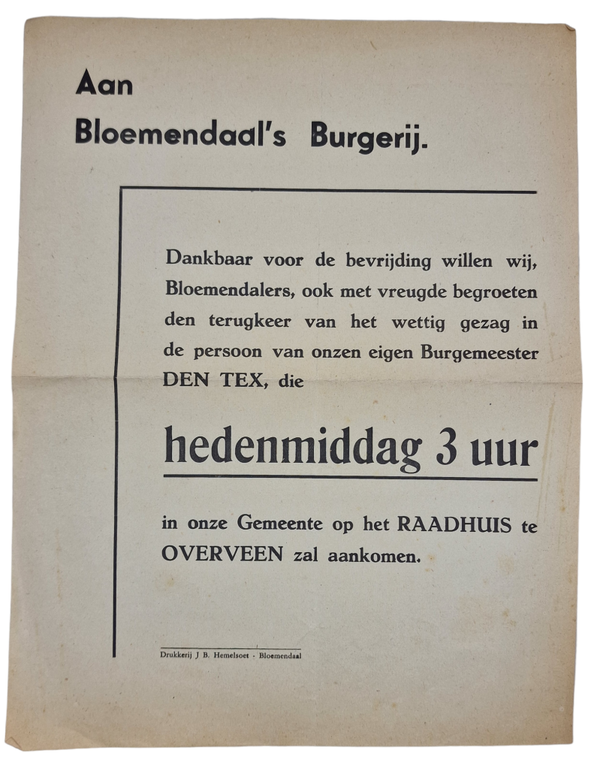 Original WW2 Dutch Liberation Poster - Return of Mayor Den Tex, Bloemendaal, Overveen liberation party (1945)