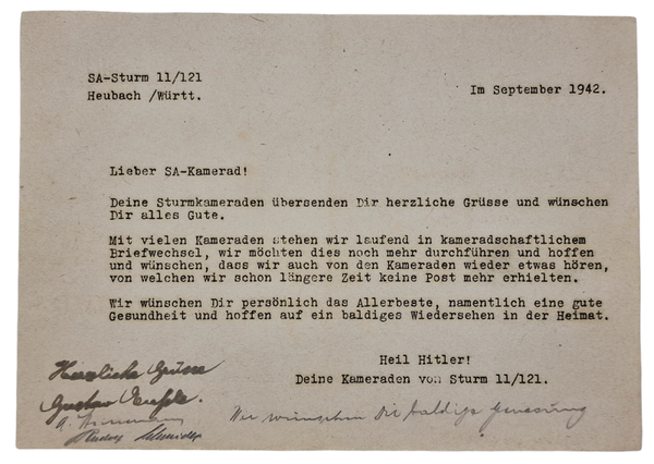 Original WW2 German Document - SA Sturm 11/121 Heubach Württemberg letter (1942)