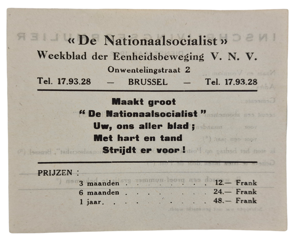 Original WW2 Flemish Collaboration Document - Subscription flyer De Nationaalsocialist VNV (1942)