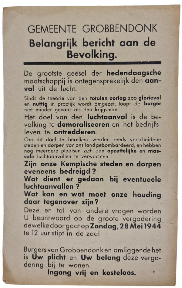 Original WW2 Flemish Collaboration Document - Important message to the civilians of Grobbendonk (1944)