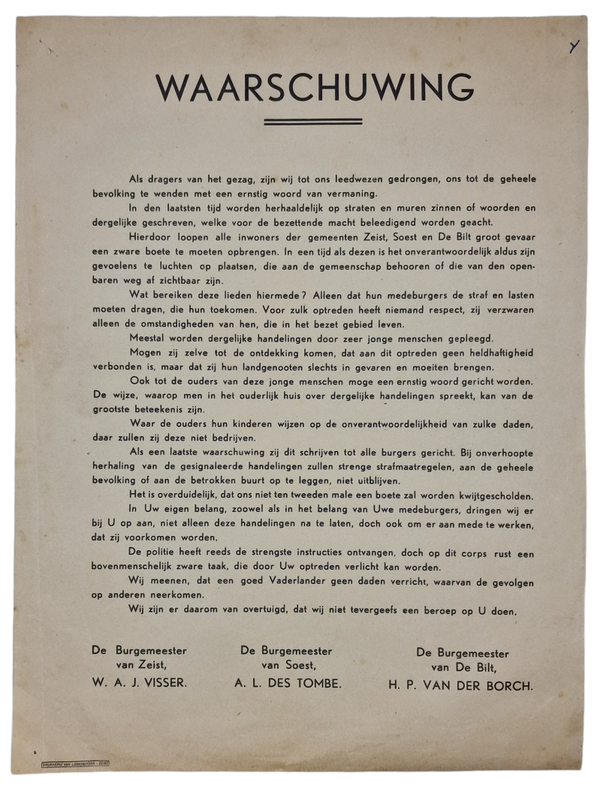 Original WW2 Dutch Document - Warning vandalism Zeist, Soest, de Bilt