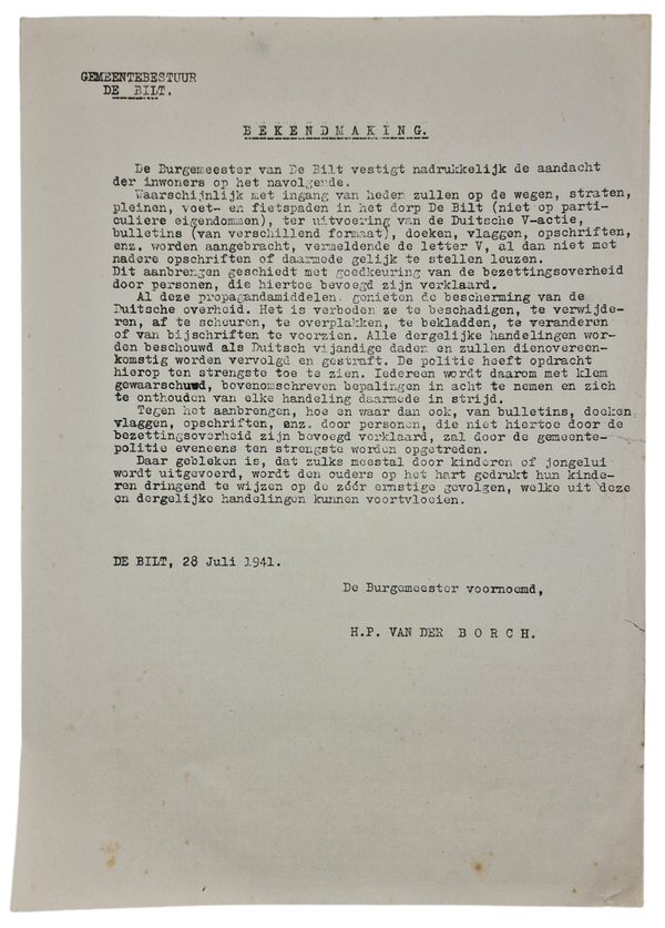 Original WW2 Dutch Document - V action rules, De Bilt (1941)