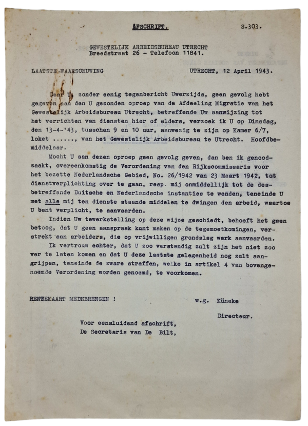 Original WW2 Dutch Document - Forced labour call, Bilthoven (1943)