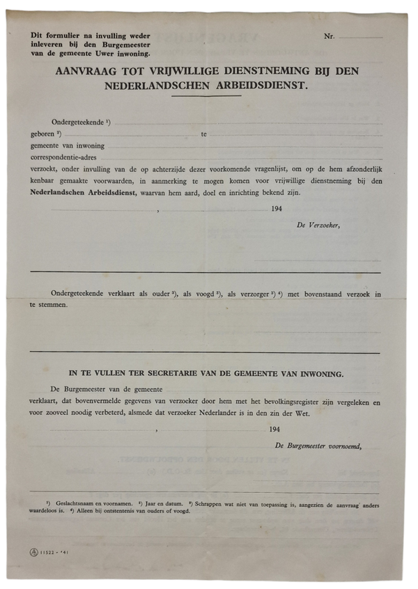 Original WW2 Dutch Collaboration NAD Document - Questionnaire Nederlandsche Arbeidsdienst (1941)