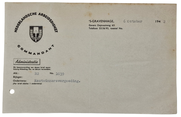 Original WW2 Dutch Collaboration NAD Document - Letterhead Nederlandsche Arbeidsdienst Commandant, The Hague (1942)
