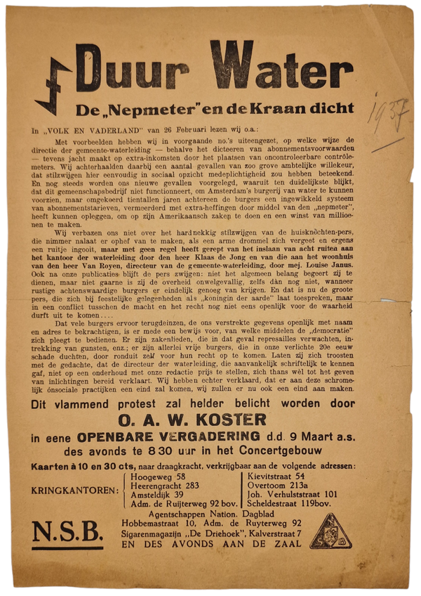 Original WW2 Dutch Collaboration NSB Document - Duur Water, Koster, Amsterdam (1937)