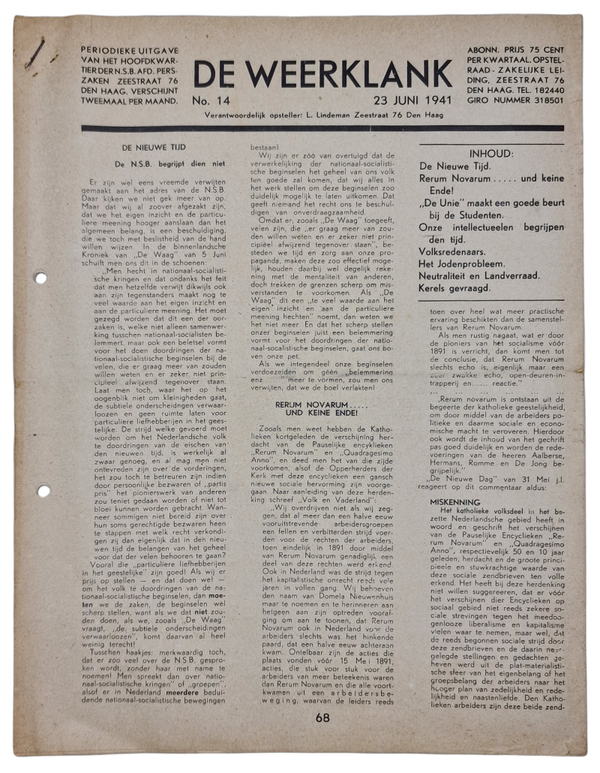Original WW2 Dutch Collaboration NSB Newspaper - De Weerklank No. 14, The Hague (1941)