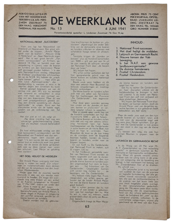 Original WW2 Dutch Collaboration NSB Newspaper - De Weerklank No. 13, The Hague (1941)
