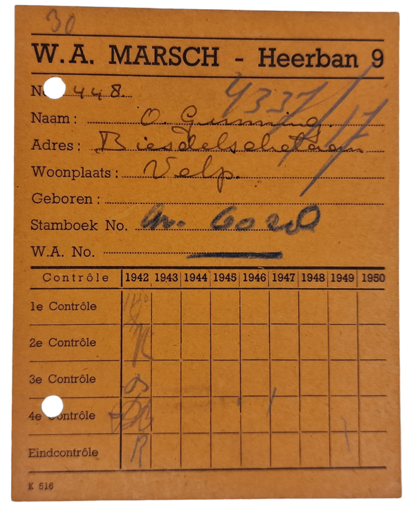Original WW2 Dutch Collaboration NSB Document - Contribution card WA Marsch Heerban 9, Velp (1942)