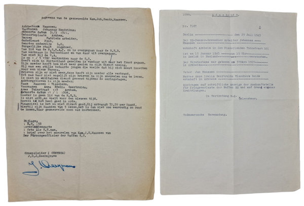 Original WW2 Dutch Waffen SS Document - Information about the KIA Dutch Waffen SS-Panzergrenadier Johannes Maassen, Salsk, Russia, Eastern front (1943)