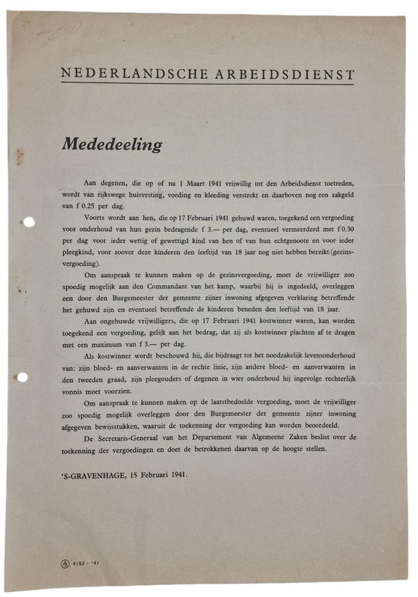 Original WW2 Dutch Collaboration NAD Document - Nederlandsche Arbeidsdienst statement, February, The Hague (1941)