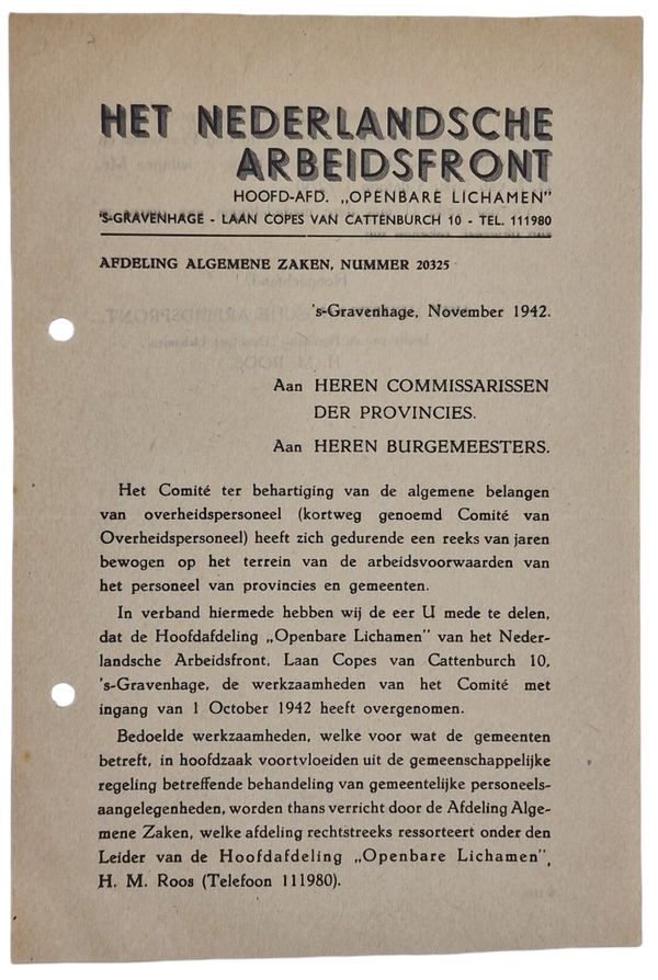 Original WW2 Dutch Collaboration NAF Document - Nederlandsche Arbeidsfront statement ''afdeling Openbare Lichamen'', H. M. Roos (1942)