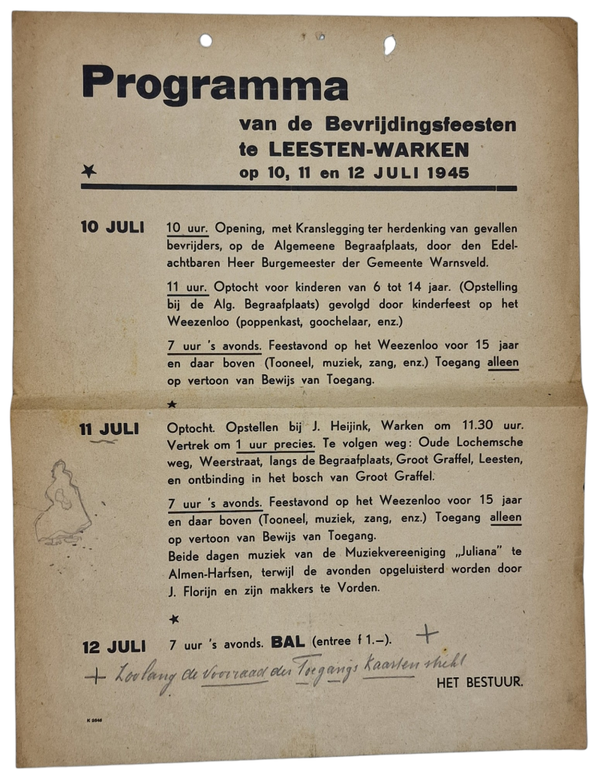 Original WW2 Dutch Liberation Poster - Program liberation party Leesten-Warken, Warnsveld (1945)