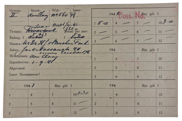 Original WW2 Dutch Collaboration NSB Document - NSB Archivecard Brücken Fock, NSB The Hague (1942)