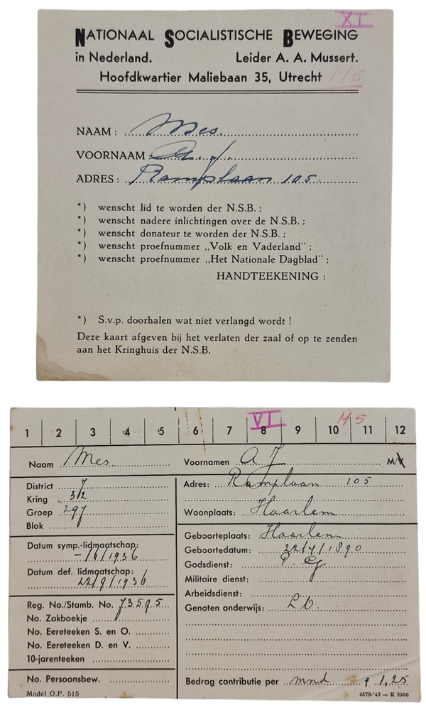 Original WW2 Dutch Collaboration NSB Document - NSB Archivecards NSB member A. J. Mes from Haarlem (1936)