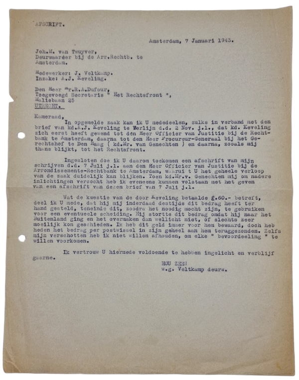 Original WW2 Dutch Collaboration NSB Document - Letter about payment arrears, Rechtsfront, Amsterdam (1943)