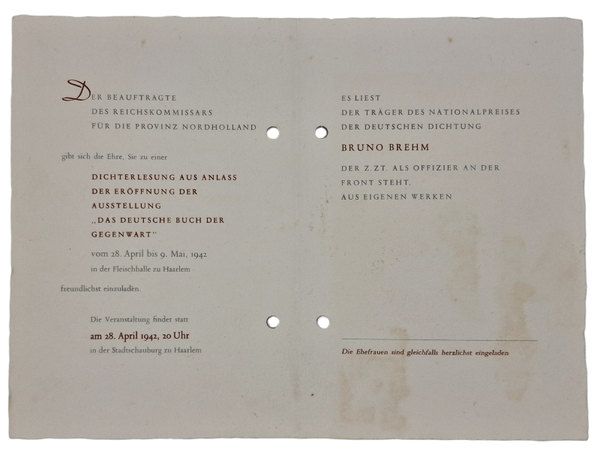 Original WW2 Dutch Collaboration Document - Invitation Beauftrage des Reichskommissars Nordholland, Bruno Brehm poet, Haarlem (1942)