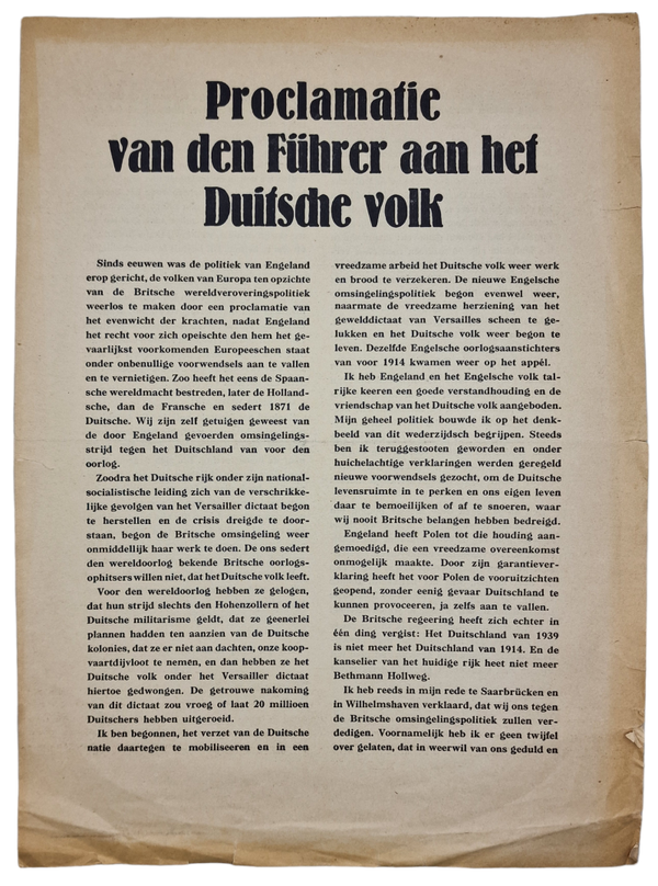 Original WW2 German NSDAP Document - Proclamatie van den Führer aan het Duitsche Volk, September (1939)