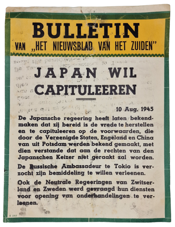 Original WW2 Dutch Liberation Document - Bulletin news, Japan wants to surrender (1945)