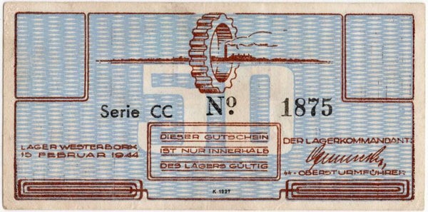 Original WW2 Dutch Document - Concentration Camp Westerbork 50 cent CC misprint (1944)