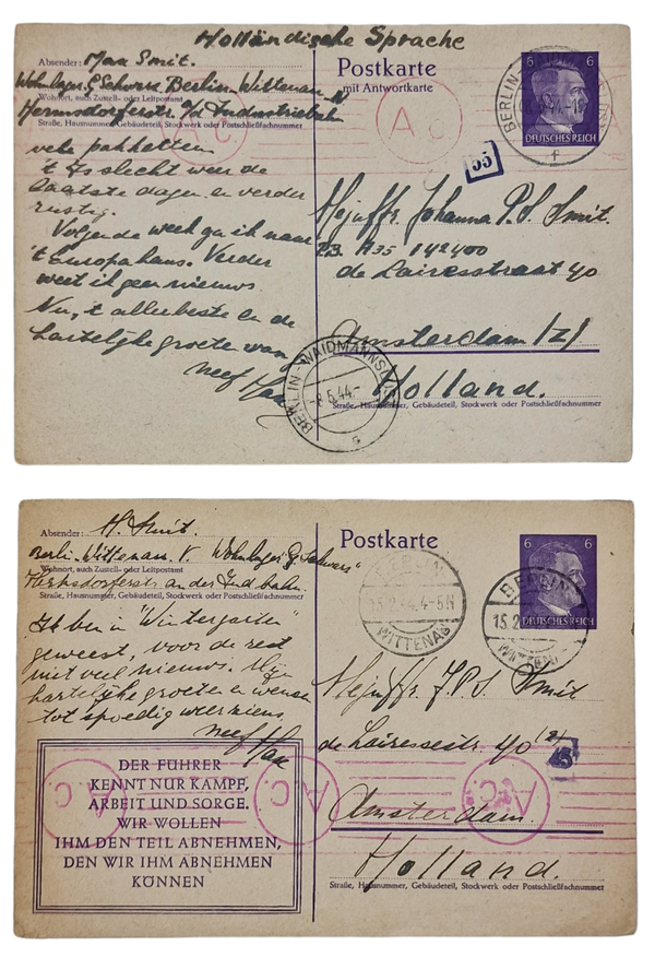 Original WW2 Dutch Document - Letter Dutch forced worker, Amsterdam, Berlin (1944)
