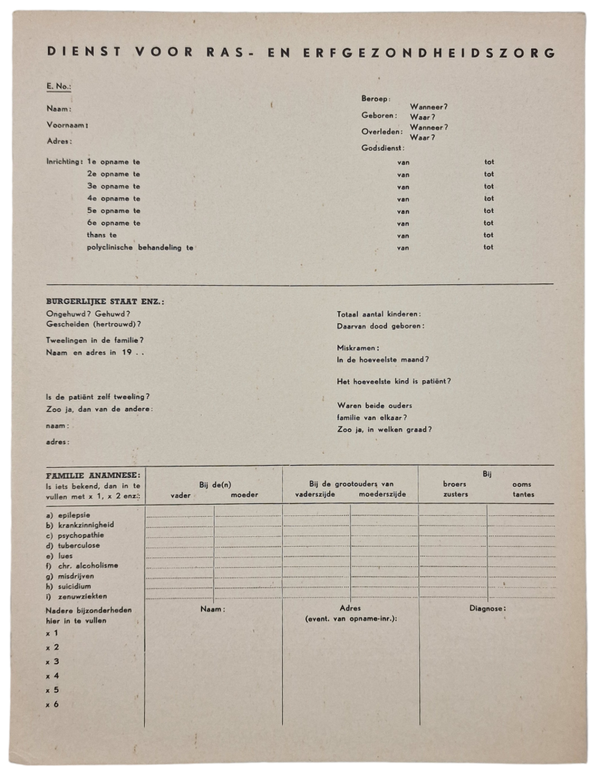 Original WW2 Dutch Waffen SS Document - Index card ''Dienst voor Ras- en Erfgezondheidszorg'' in white