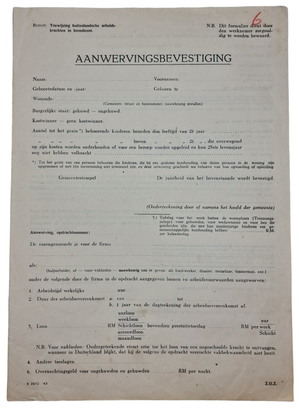Original WW2 Dutch Document - Recruitment confirmation