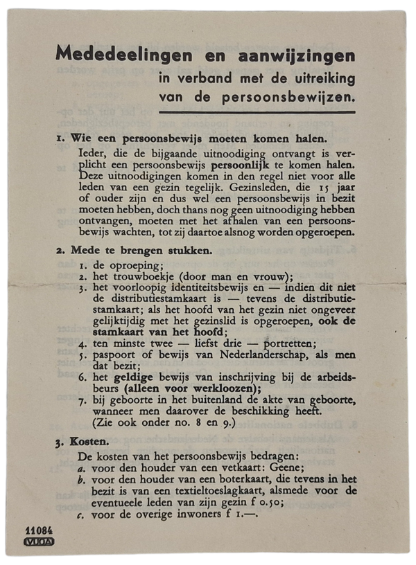 Original WW2 Dutch Document - Persoonsbewijs instructions