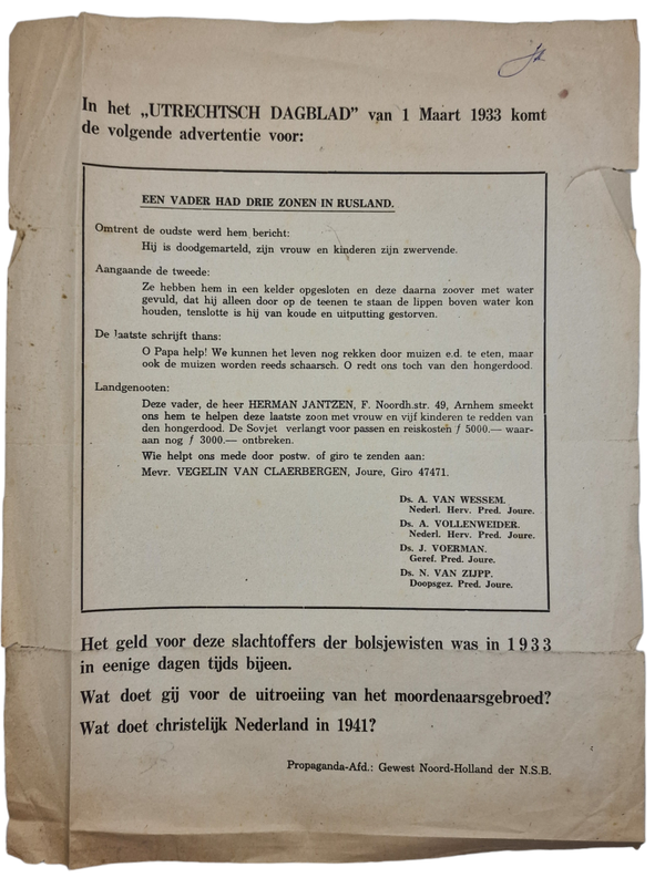 Original WW2 Dutch Collaboration NSB Document - Anti-communist flyer ''Utrechts Dagblad'', Noord-Holland (1941)