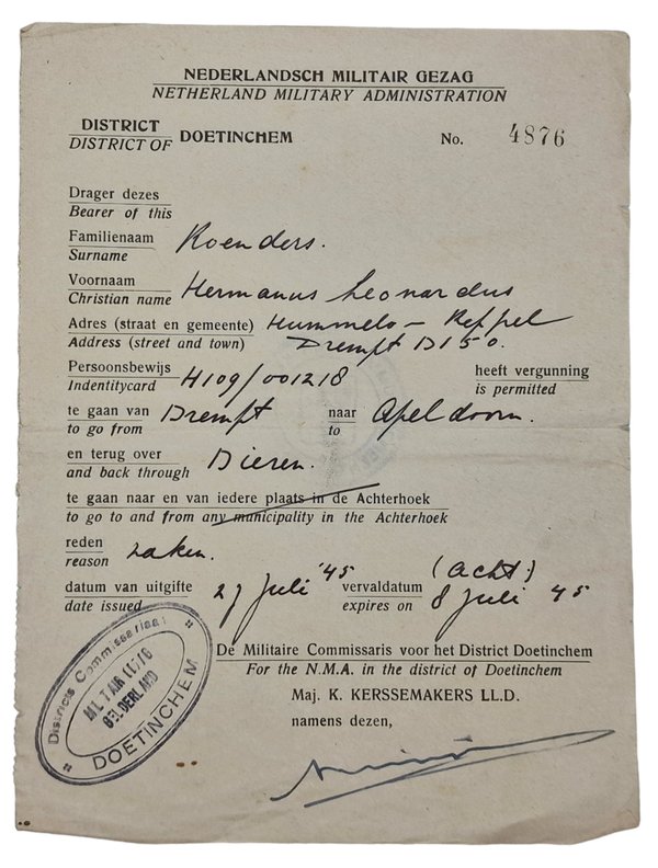 Original WW2 Dutch Liberation Document - MG Militair Gezag travel document Doetinchem, Drempt, Dieren, Apeldoorn (1945)