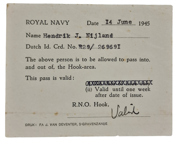 Original WW2 Dutch Document - Royal Navy Hoek van Holland pass, 'S-Gravenzande (1945)