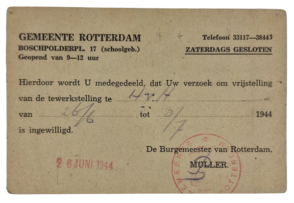 Original WW2 Dutch Document - Exemption for work, Rotterdam (1944)