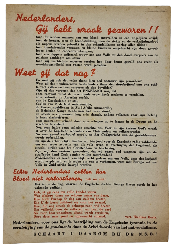 Original WW2 Dutch Collaboration NSB Flyer - Nederlanders, Gij hebt wraak gezworen!!