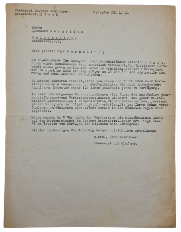 Original WW2 German Waffen SS Document - Death message SS-Unterscharführer Hings, near Narwa (1944)