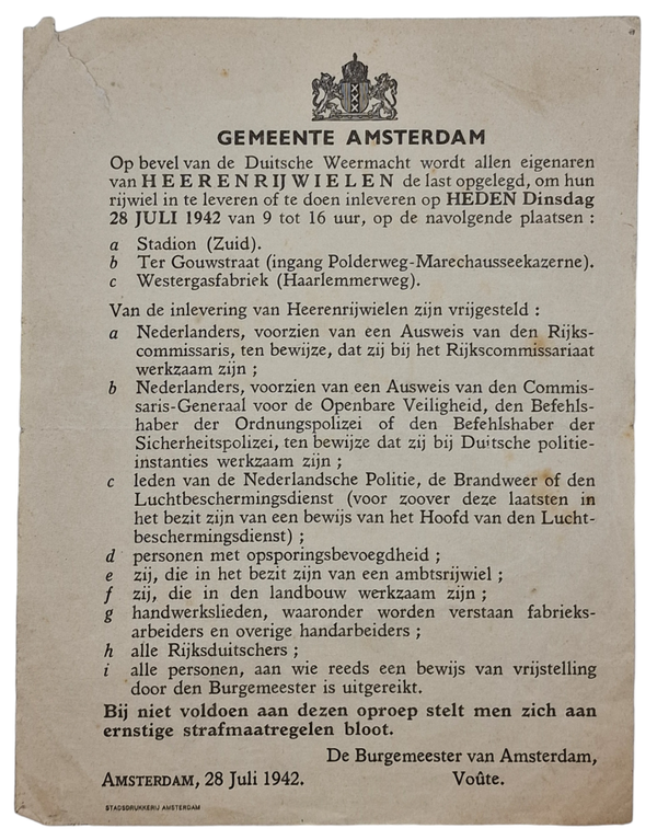 Original WW2 Dutch Document - Turn in all bicycles, Amsterdam (1942)