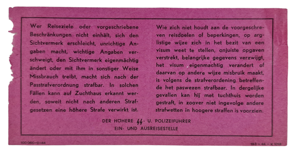 Original WW2 Dutch Document - SS Polizeiführer Ausreisestelle warning sticker (1944)