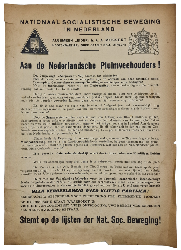Original WW2 Dutch Collaboration NSB Document - Aan de Nederlandsche pluimveehouders!