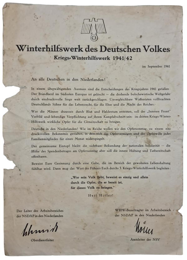 Original WW2 Dutch Collaboration WHW Document - Kriegs Winterhilfswerk 1941 1942 for Germans in Holland (1941)