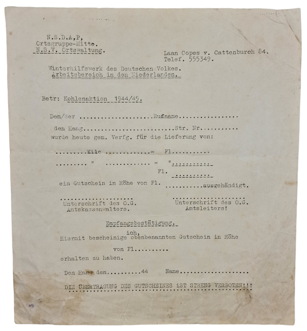 Original WW2 Dutch Collaboration NSDAP Document - Ortsgruppe Mitte, NSV Ortswaltung Kohlenaktion 1944/45, The Hague (1944)