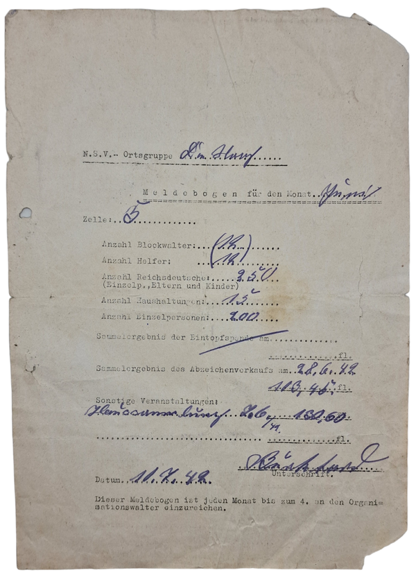 Original WW2 Dutch Collaboration NSV Document - Registration form NSV The Hague (1942)