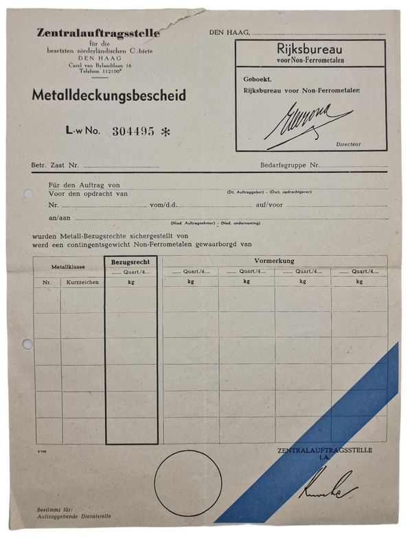 Original WW2 Dutch Collaboration NSDAP Document - Zentralauftragstelle Den Haag, Metalldeckungsbescheid