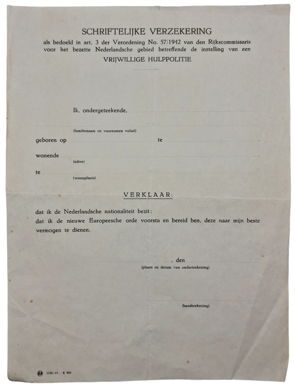 Original WW2 Dutch Collaboration Document - Oath form Vrijwillige Hulppolitie (1943)